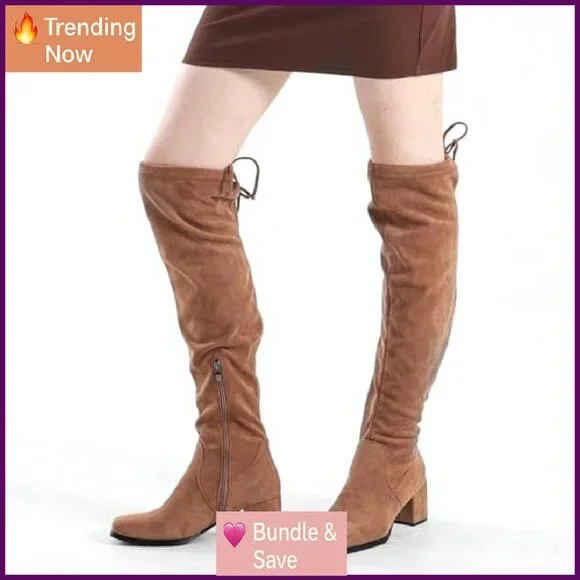Square Toe Thigh High Boots 2.5 Inch Heel Suede Side Zipper